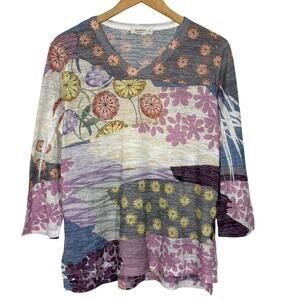 Jess & Jane High Low Tunic Top AJ3 3/4 Sleeve Top Size Small Patchwork Boho